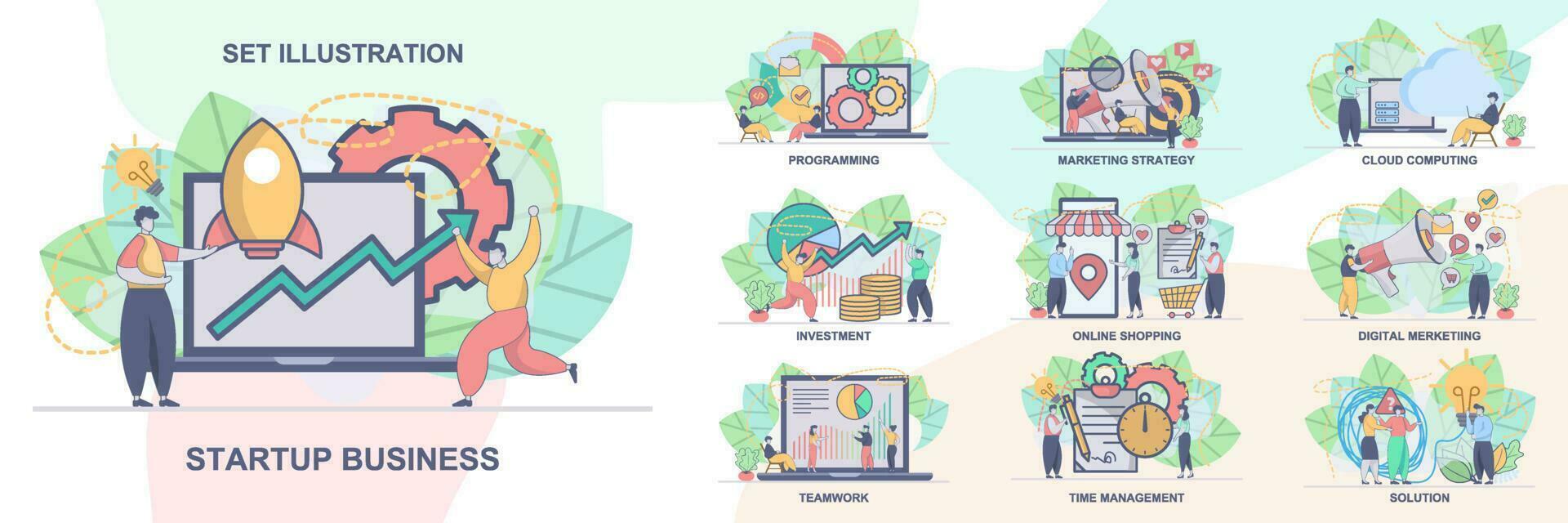 Set of web page design templates for online shopping, digital marketing, teamwork, strategy, investment, solution etc . Modern vector illustration concepts for website and mobile website development.
