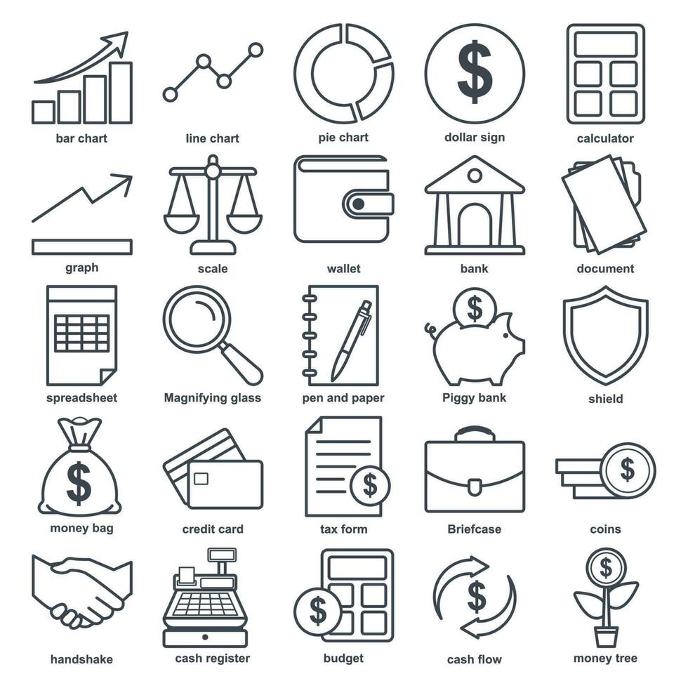 negocio Finanzas conjunto icono símbolo modelo para gráfico y web diseño colección logo vector ilustración