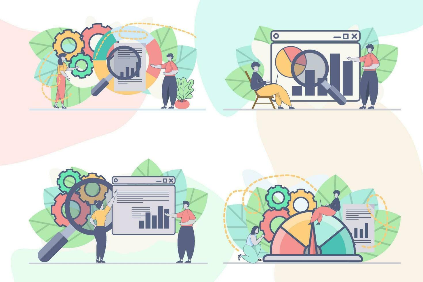 conjunto de web página diseño plantillas para datos análisis, negocio analítica. en línea financiero datos análisis web página composición con personas caracteres. moderno vector ilustración conceptos