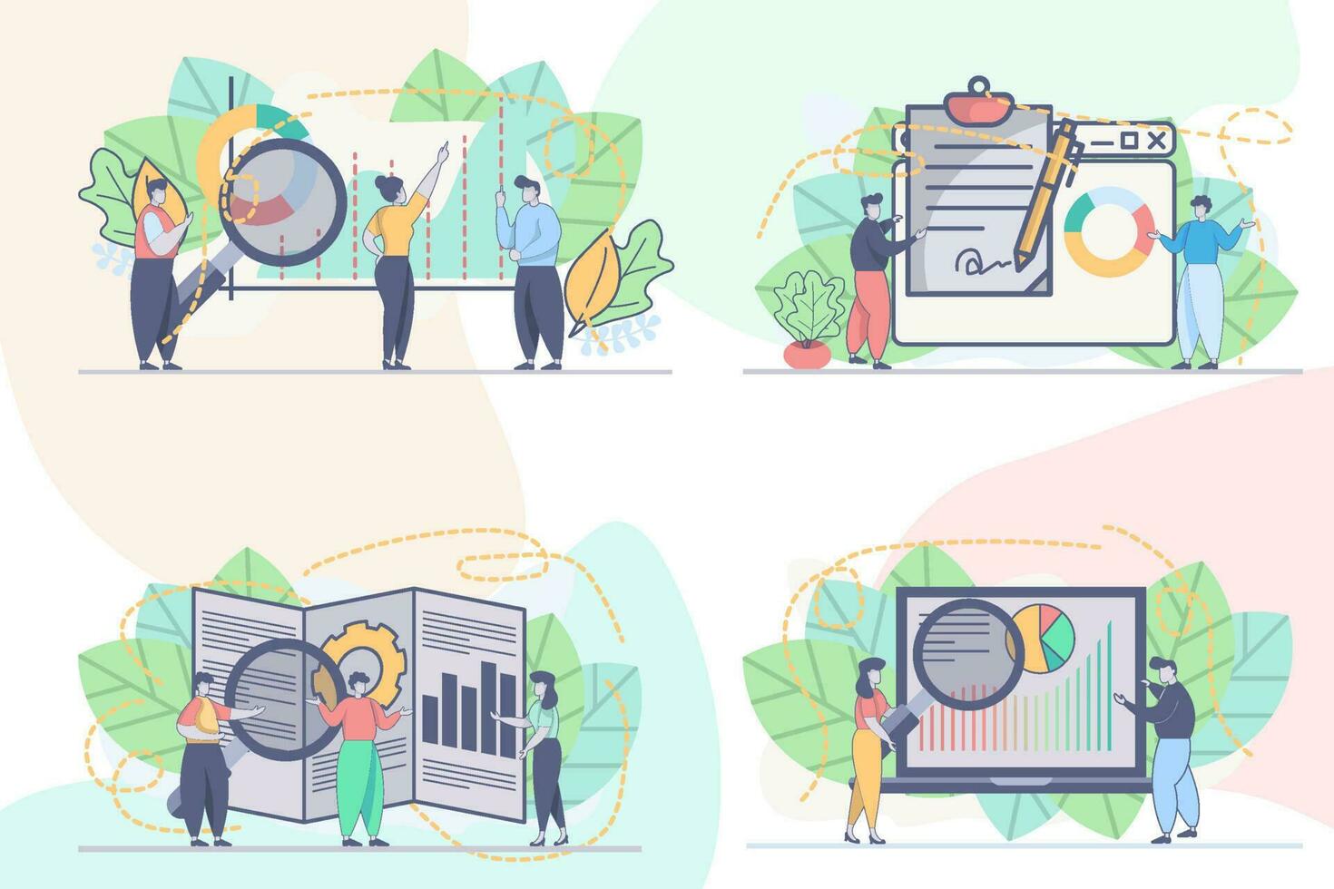 conjunto de web página diseño plantillas para datos análisis, negocio analítica. en línea financiero datos análisis web página composición con personas caracteres. moderno vector ilustración conceptos