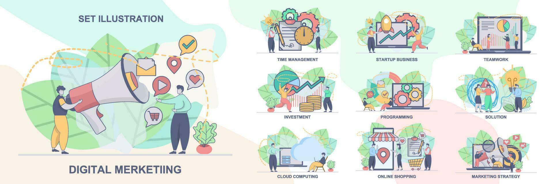 Set of web page design templates for online shopping, digital marketing, teamwork, strategy, investment, solution etc . Modern vector illustration concepts for website and mobile website development.