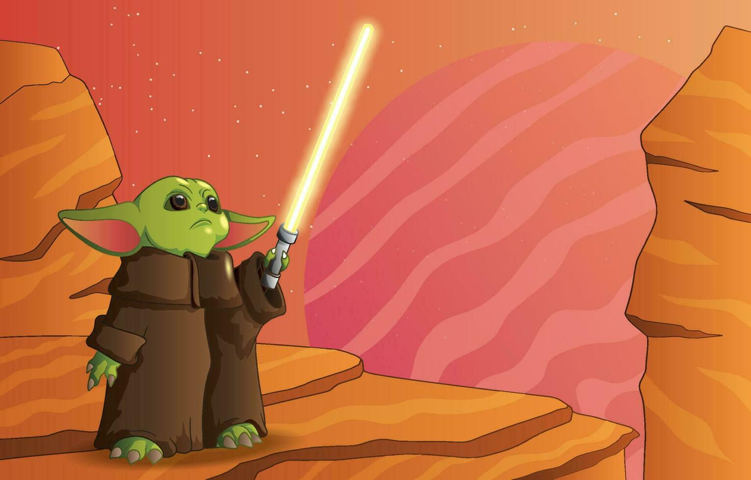 Baby Green Alien Holding Light Sword Background vector