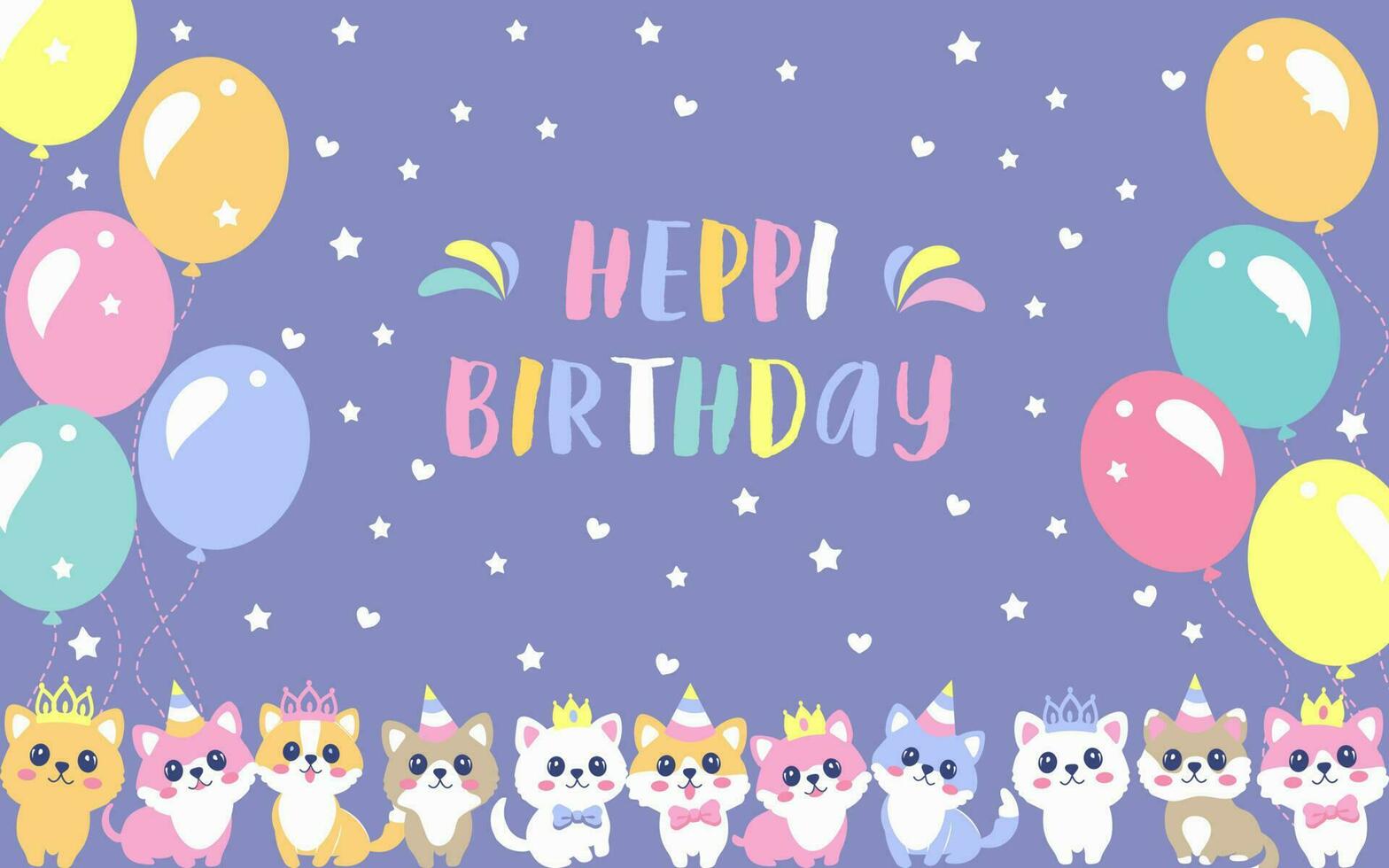 Cute puppies and kittens in crowns and caps with balloons, stars and hearts. Birthday greeting, postcard. vector