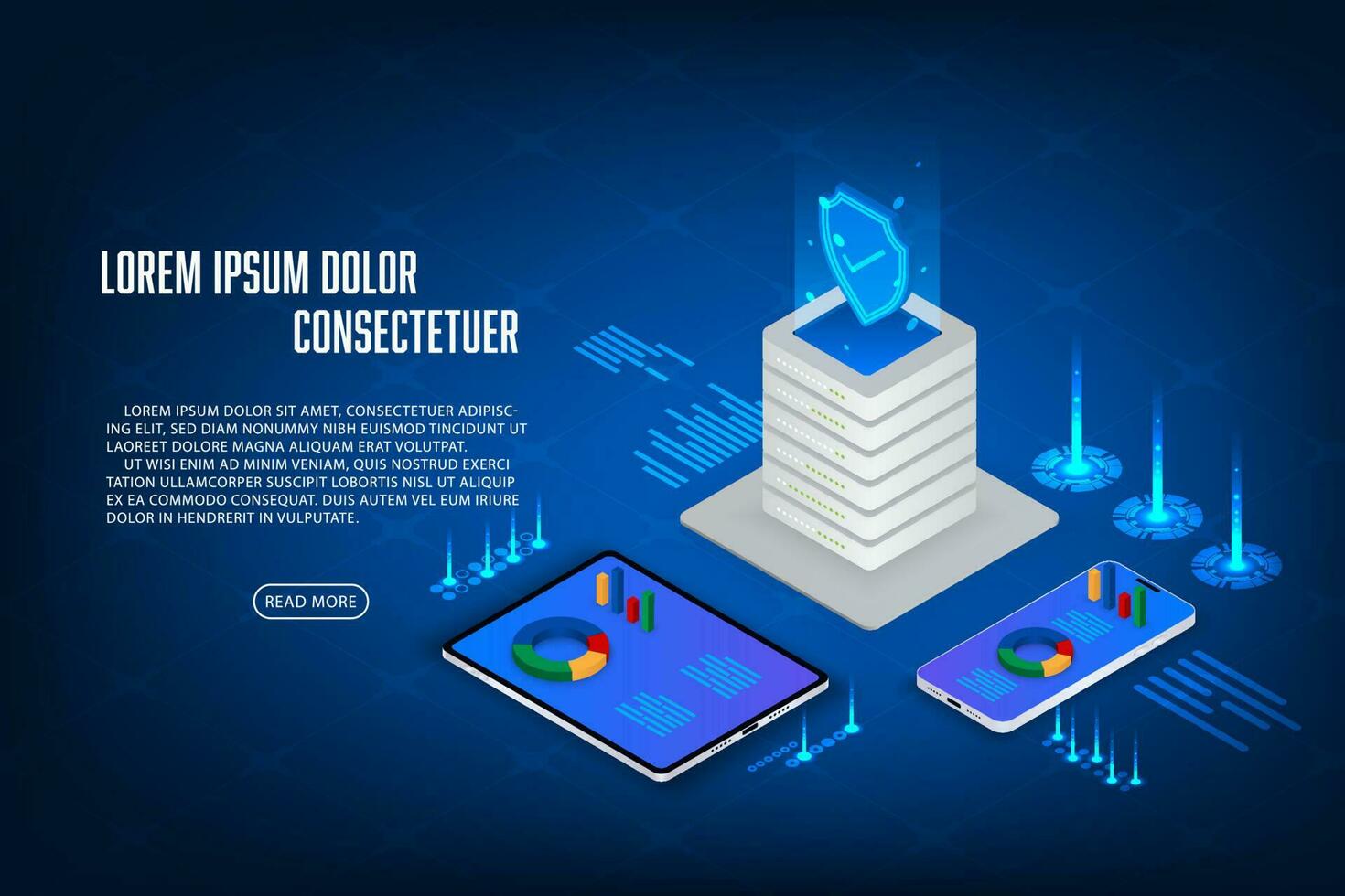 Vector isometric server storage concept. Tablet, mobilephone economics finance documents isometric.