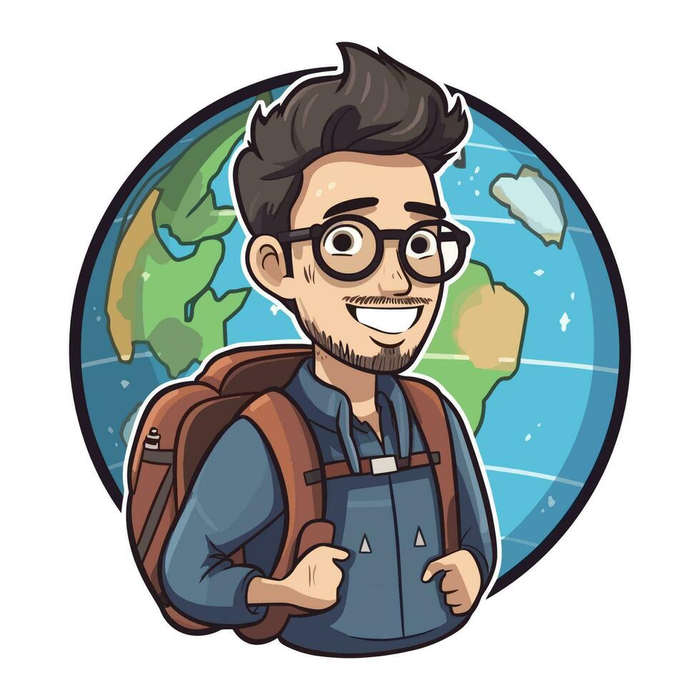 Cartoon male traveler or backpacker travels in the world, vector illustration