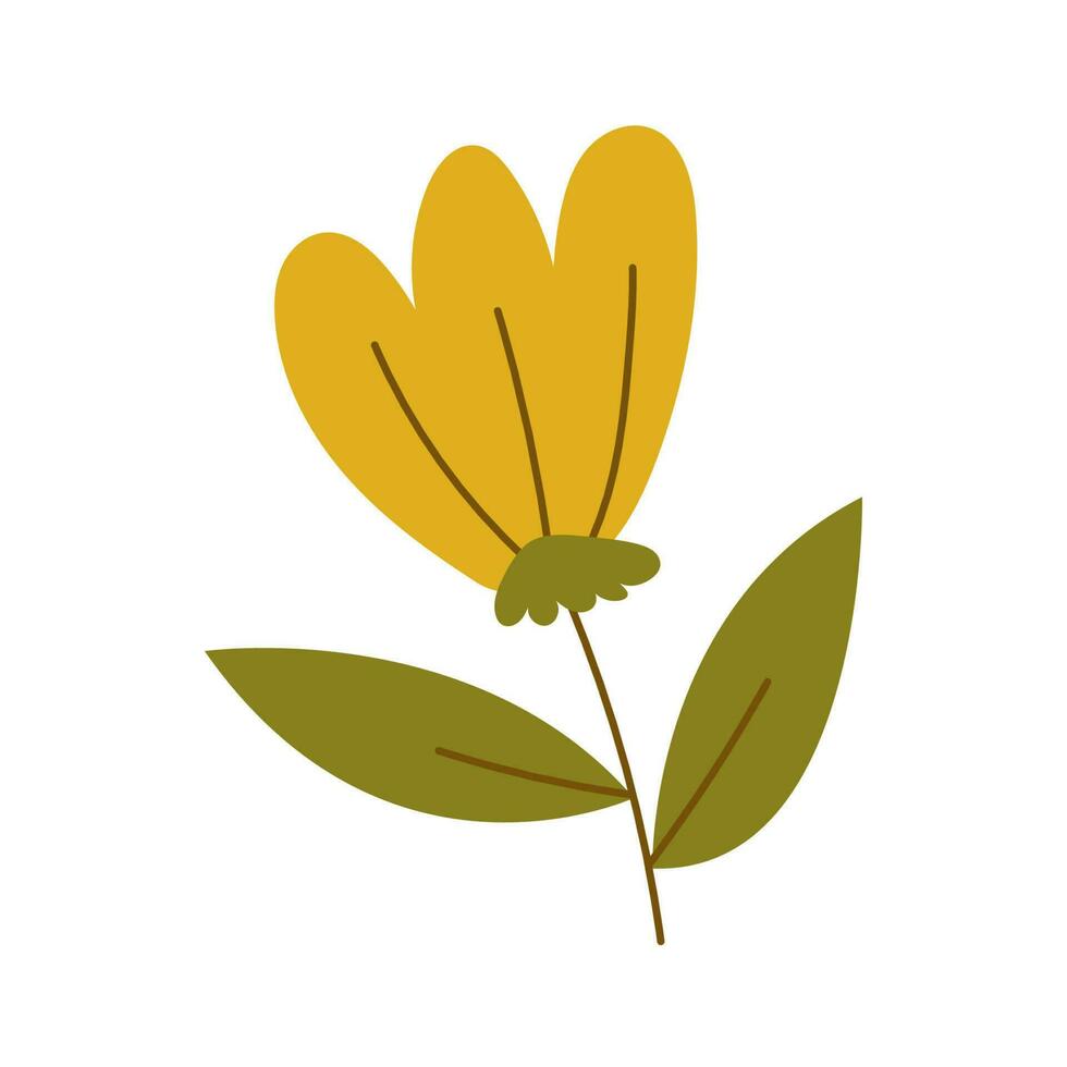 Abstract wild flowers, leaf. Modern botanical flower with floral plant, spring bloom, fall leave. Florist design element, wildflower, berrie, foliage. Isolated colored flat vector illustration