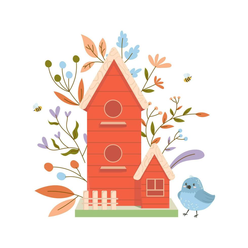 Wooden colorful birdhouse with small birds. House for feathered animals. Spring time for nesting. Ornamental leaves and flowers on an isolated white background. Stock vector illustration.