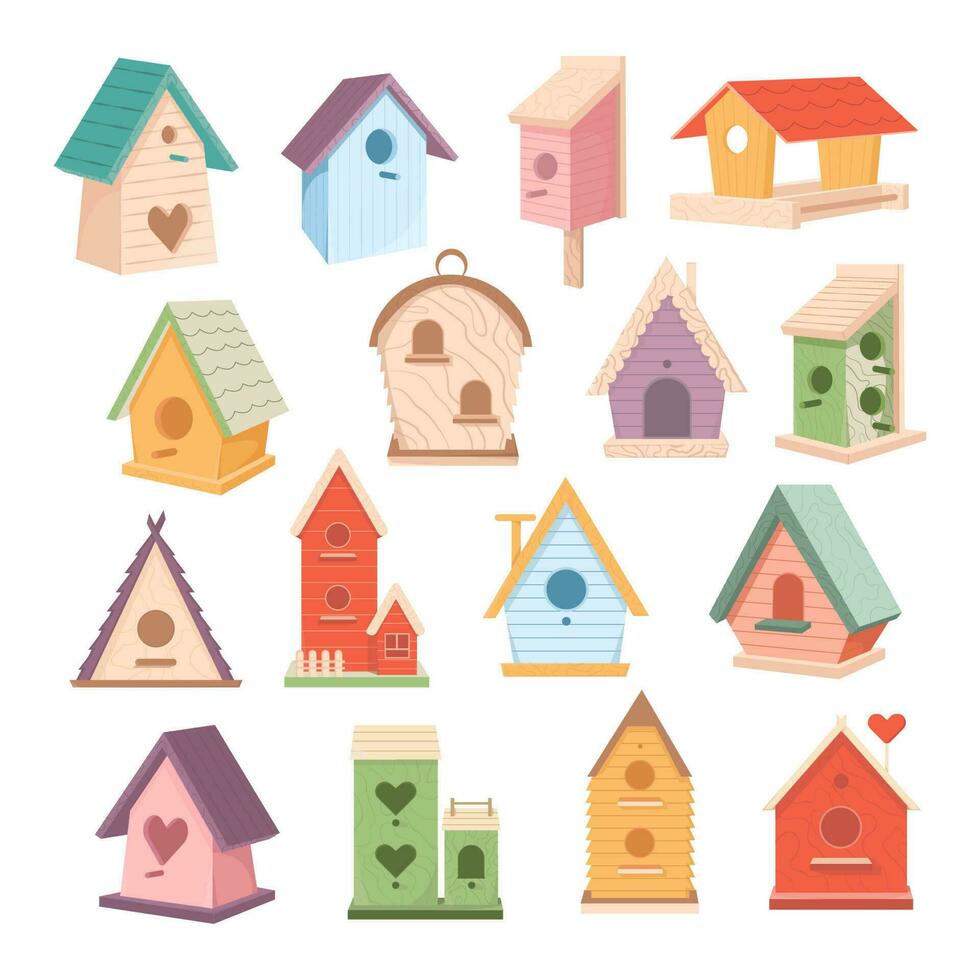Set of wooden birdhouses, colorful bird feeders in different designs. Birdhouses, house or nest with round, arched or heart holes Sweet Homes. Cartoon vector stock illustration.