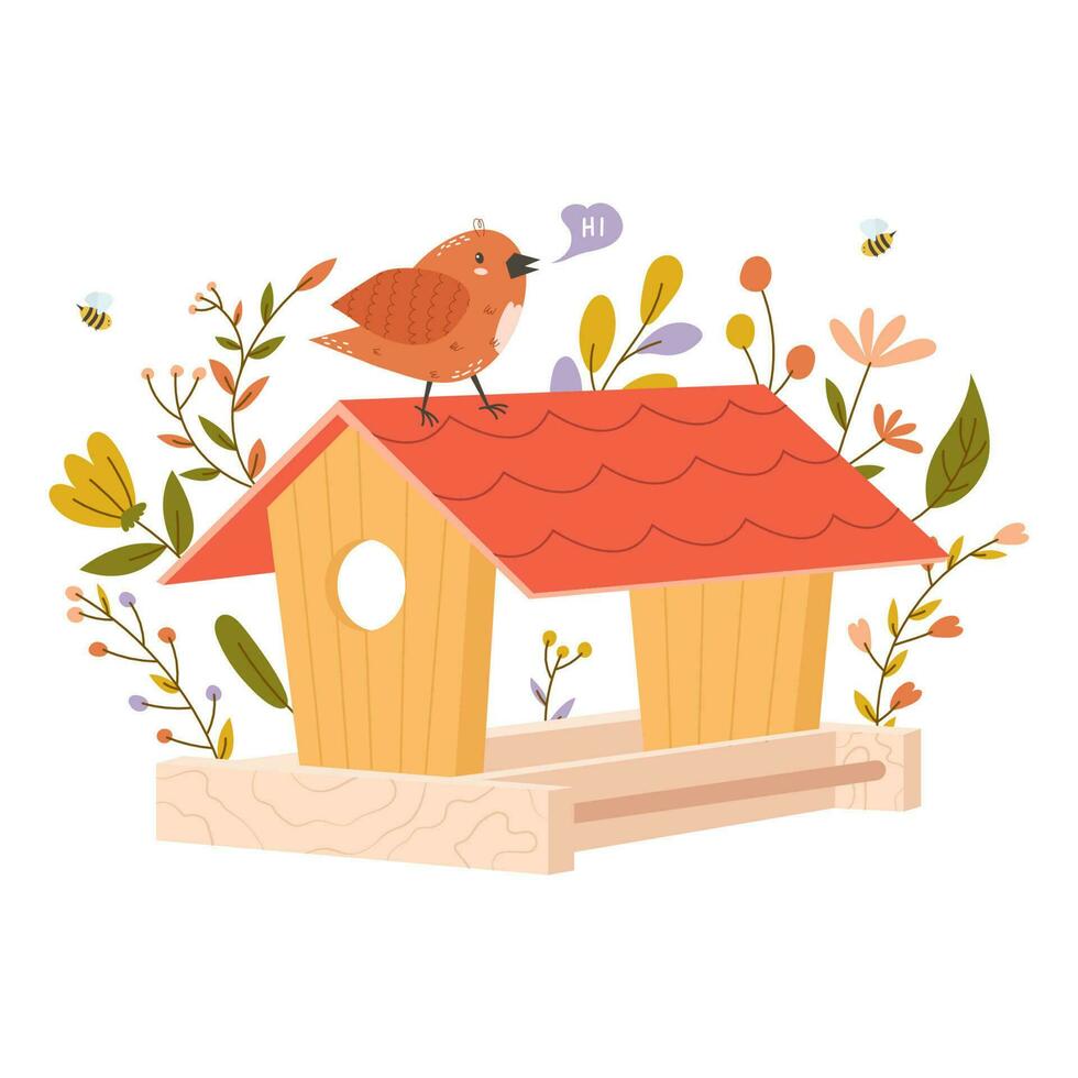 Wooden colorful birdhouse with small birds. House for feathered animals. Spring time for nesting. Ornamental leaves and flowers on an isolated white background. Stock vector illustration.