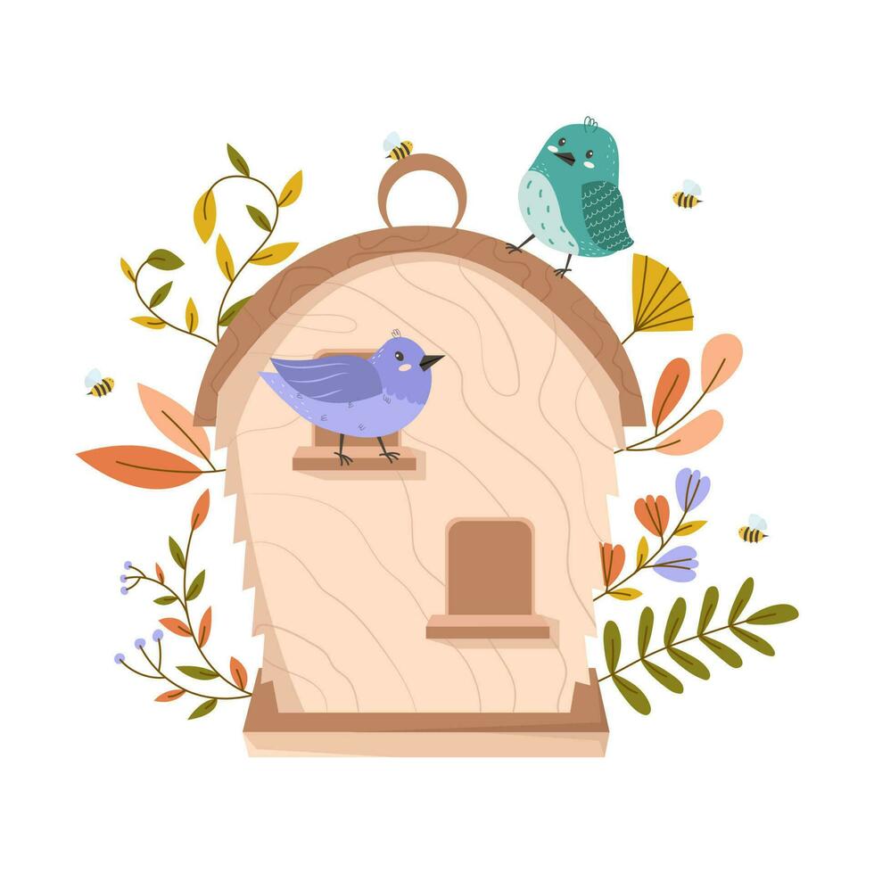 Wooden colorful birdhouse with small birds. House for feathered animals. Spring time for nesting. Ornamental leaves and flowers on an isolated white background. Stock vector illustration.