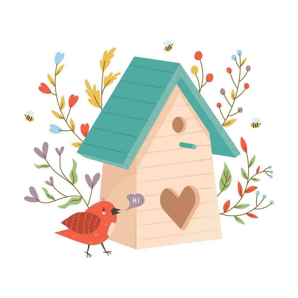 Wooden colorful birdhouse with small birds. House for feathered animals. Spring time for nesting. Ornamental leaves and flowers on an isolated white background. Stock vector illustration.