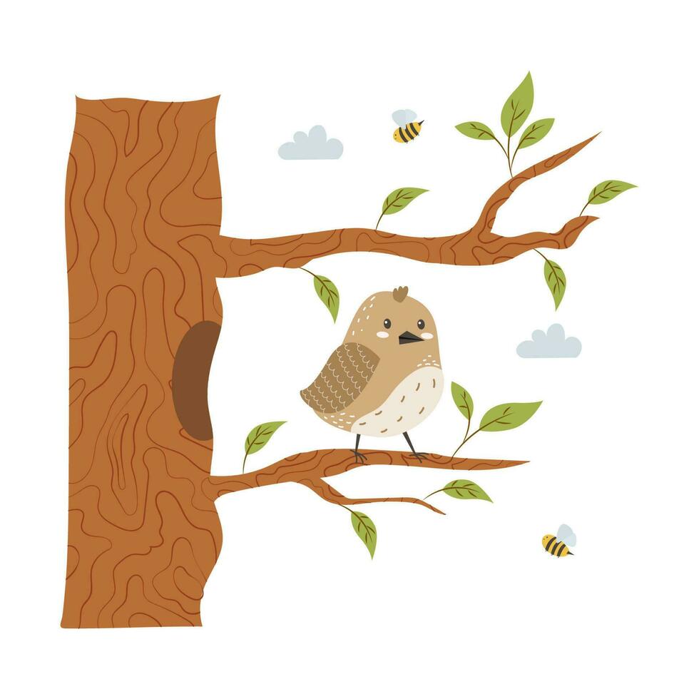 Cute bird sits on a tree branch. Funny curious sparrow. Charming funny wild bird, feathered on a twig. Flat vector stock illustration isolated on white background. Spring bird on a blossoming tree.