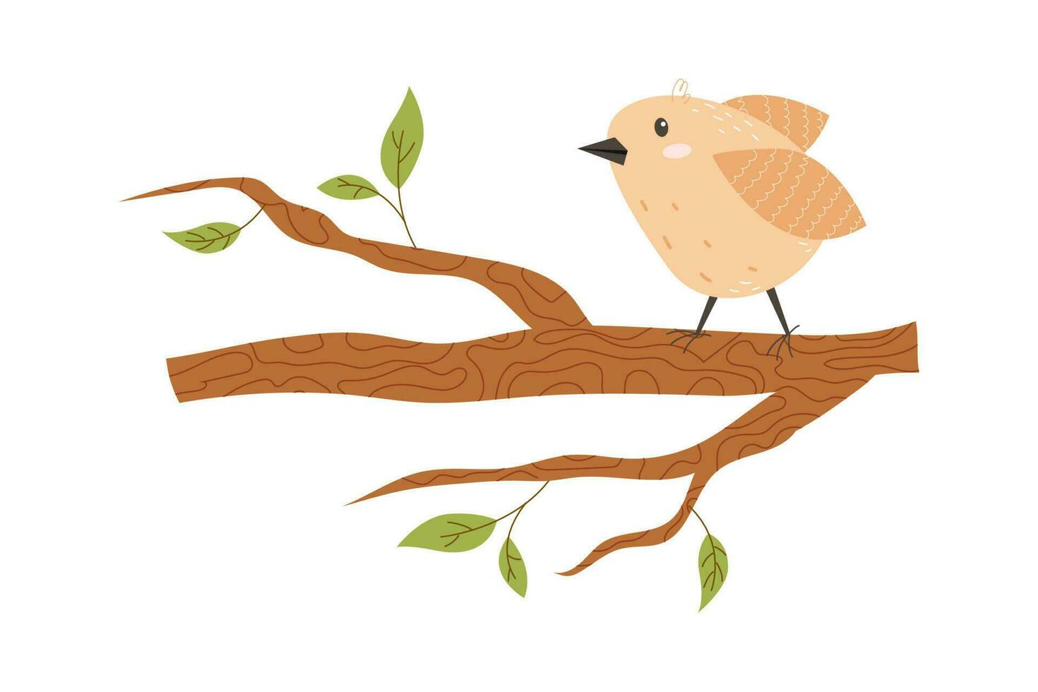 Cute bird sits on a tree branch. Funny curious sparrow. Charming funny wild bird, feathered on a twig. Flat vector stock illustration isolated on white background. Spring bird on a blossoming tree.