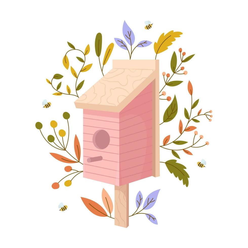 Wooden birdhouses with leaves and flowers, colorful bird feeders in different designs. Birdhouses, house or nest with round, arched or heart holes Sweet Homes. Cartoon vector stock illustration.