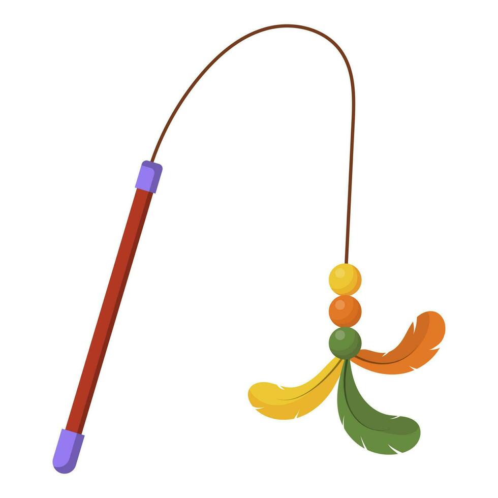 Cartoon insulated wand with a feather and fluffy multicolored balls on a long string for kitten games. a pet store item for fun cat games. Vector illustration.