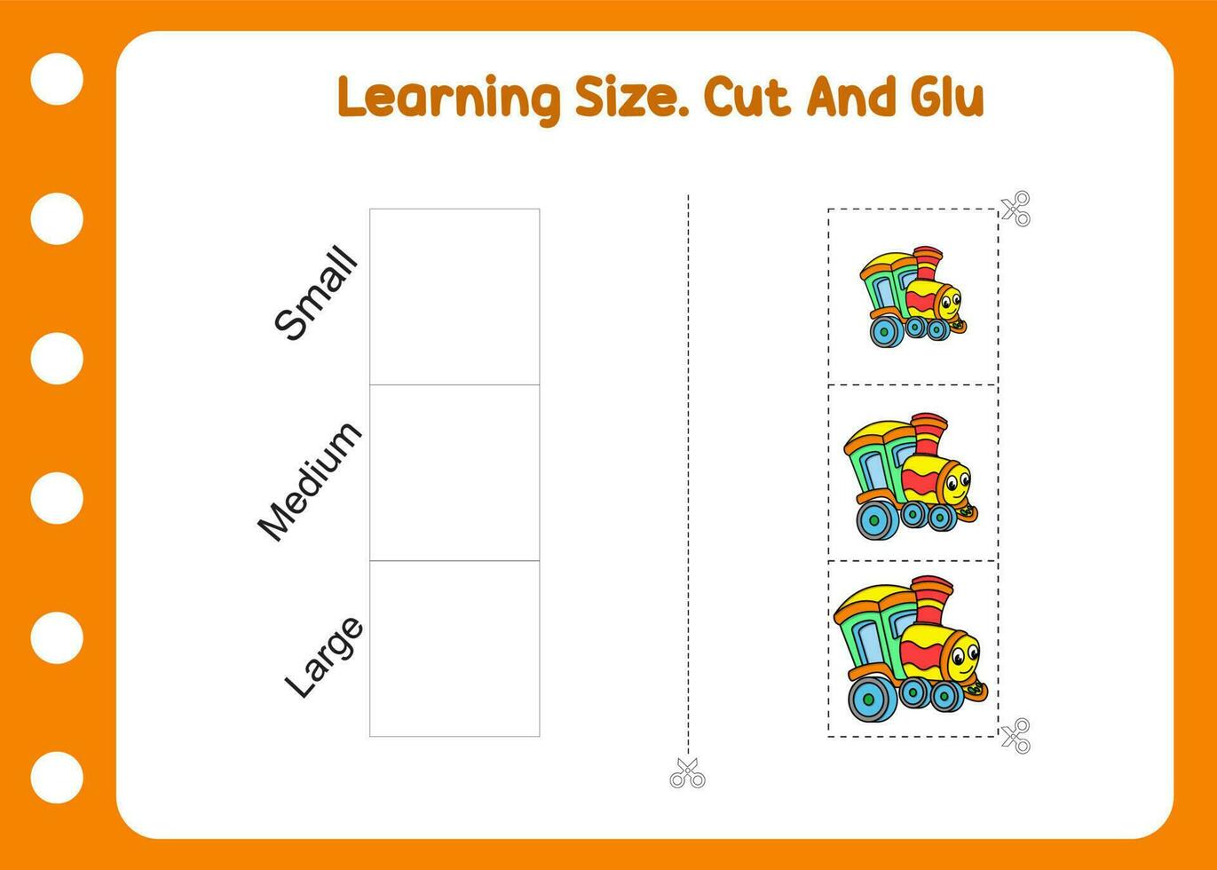learning size. cut and glue cute train vector