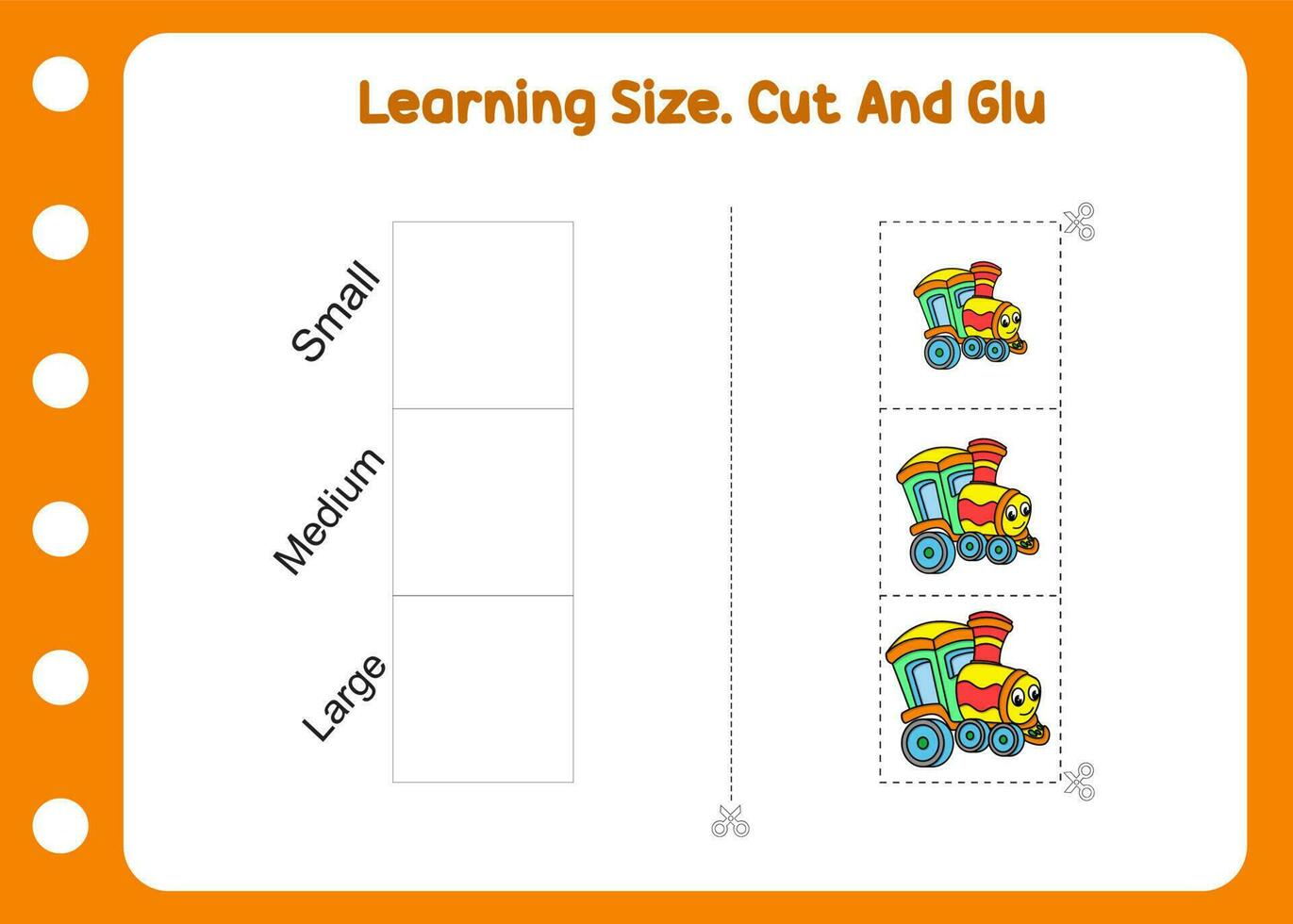 aprendizaje tamaño. cortar y pegamento linda tren vector