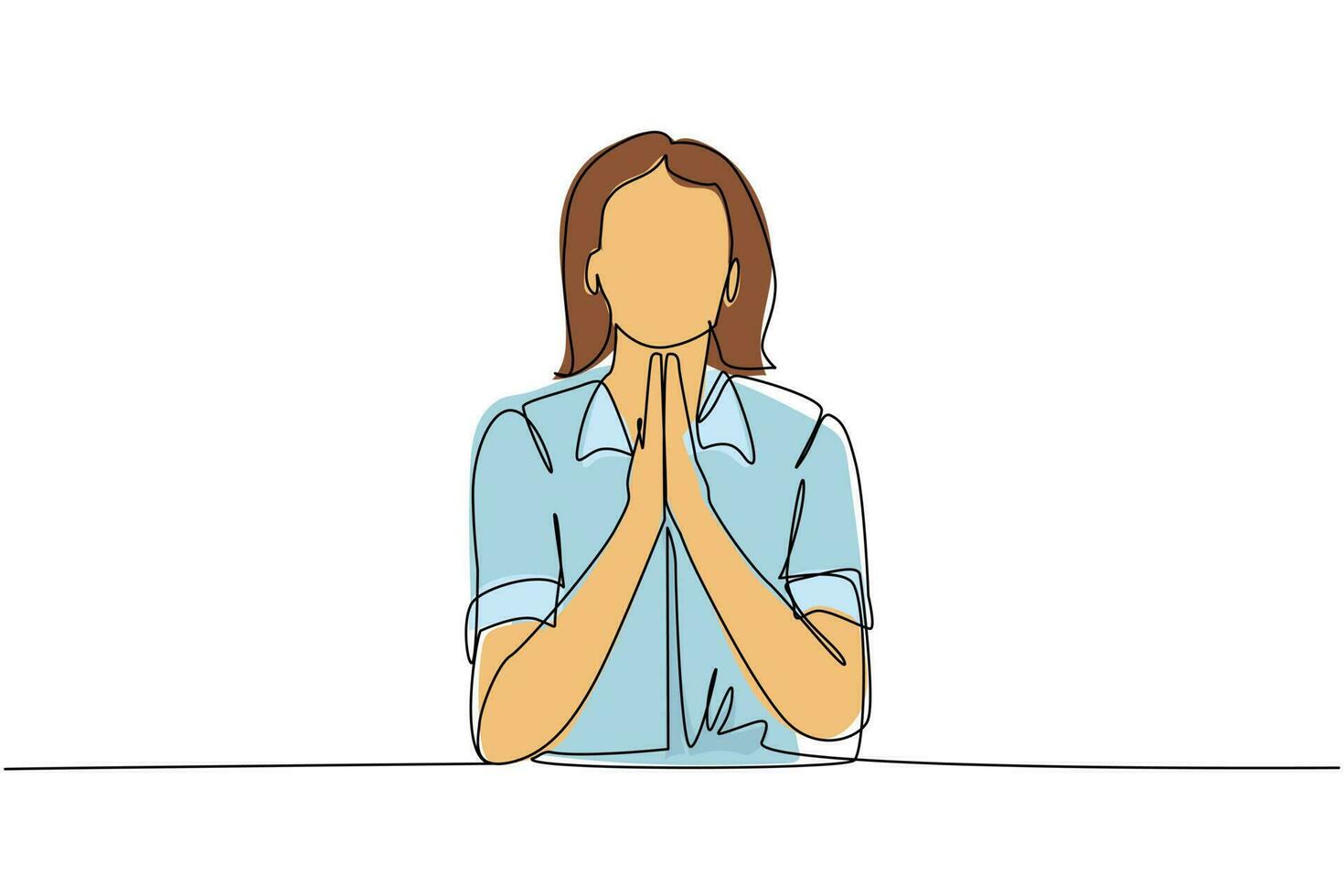 Continuous one line drawing young woman in closed eyes praying hands together. Trendy person holding palms in prayer. Human emotion, body language. Single line draw design vector graphic illustration