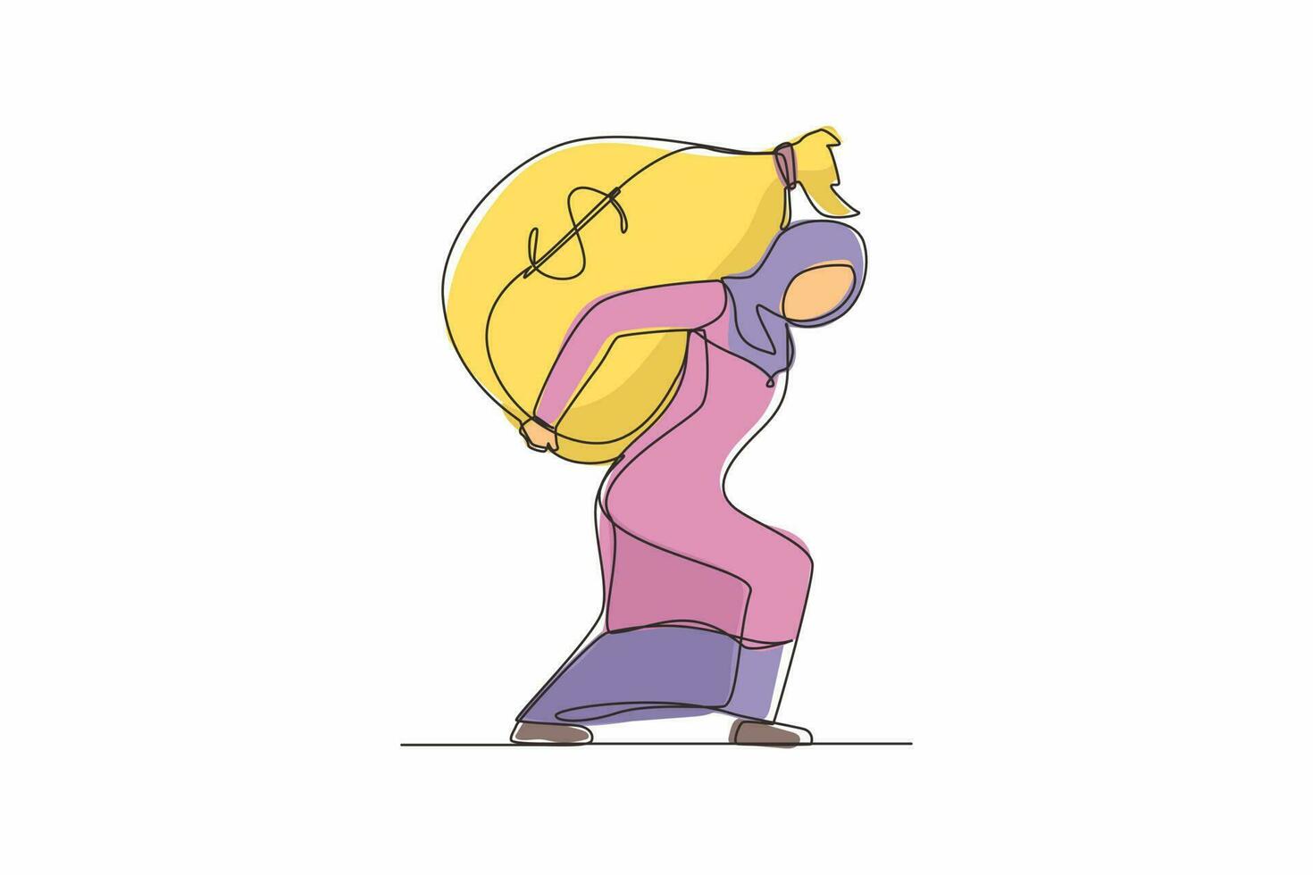 Single continuous line drawing Arabian businesswoman carrying big and heavy money bag on her back. Financial problems, taxation burden or business debt, deadline. One line draw graphic design vector