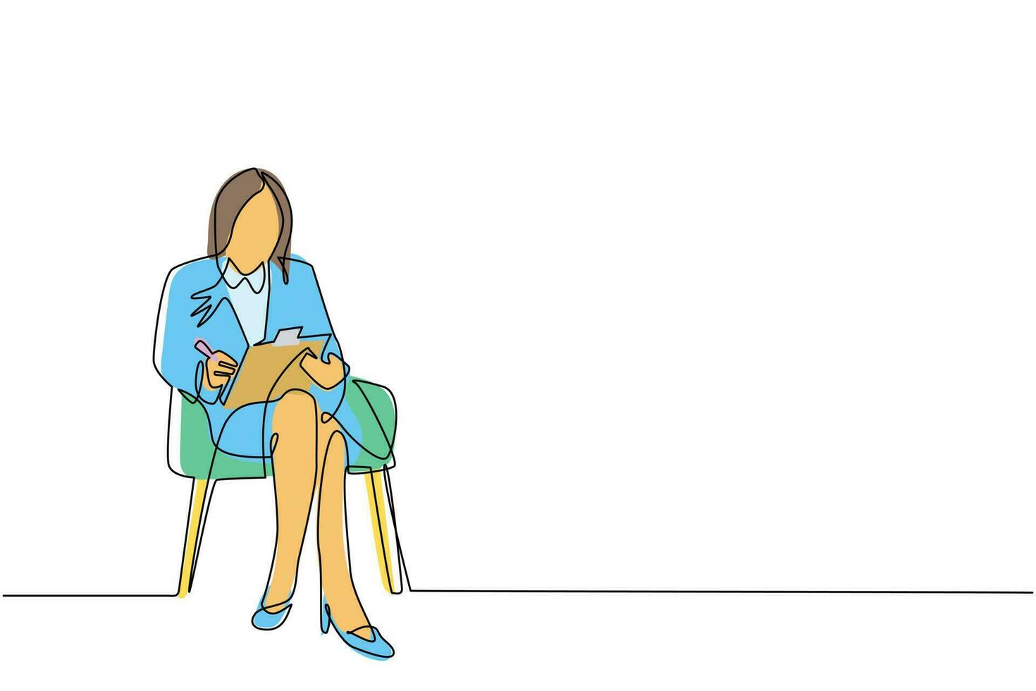 Single continuous line drawing businesswoman with clipboard. Female executive sitting in armchair. Woman taking notes. Psychology consultation. Dynamic one line draw graphic design vector illustration