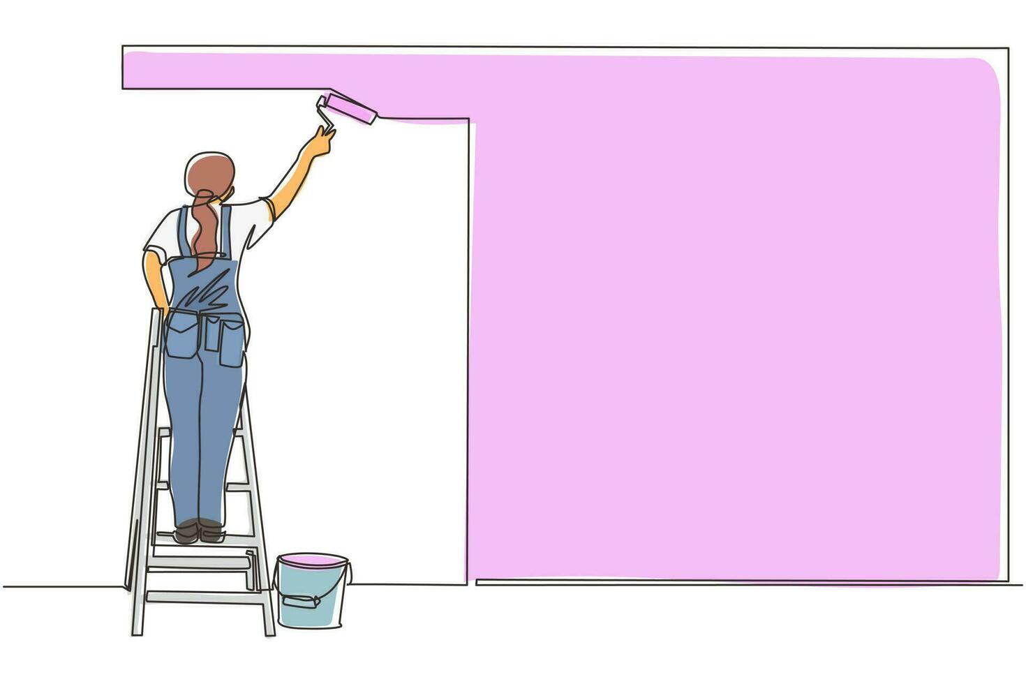 Continuous one line drawing painter standing on staircase paints wall. Woman is holding paint roller in hand. Human runs to provide construction work. Worker in uniform. Single line draw design vector
