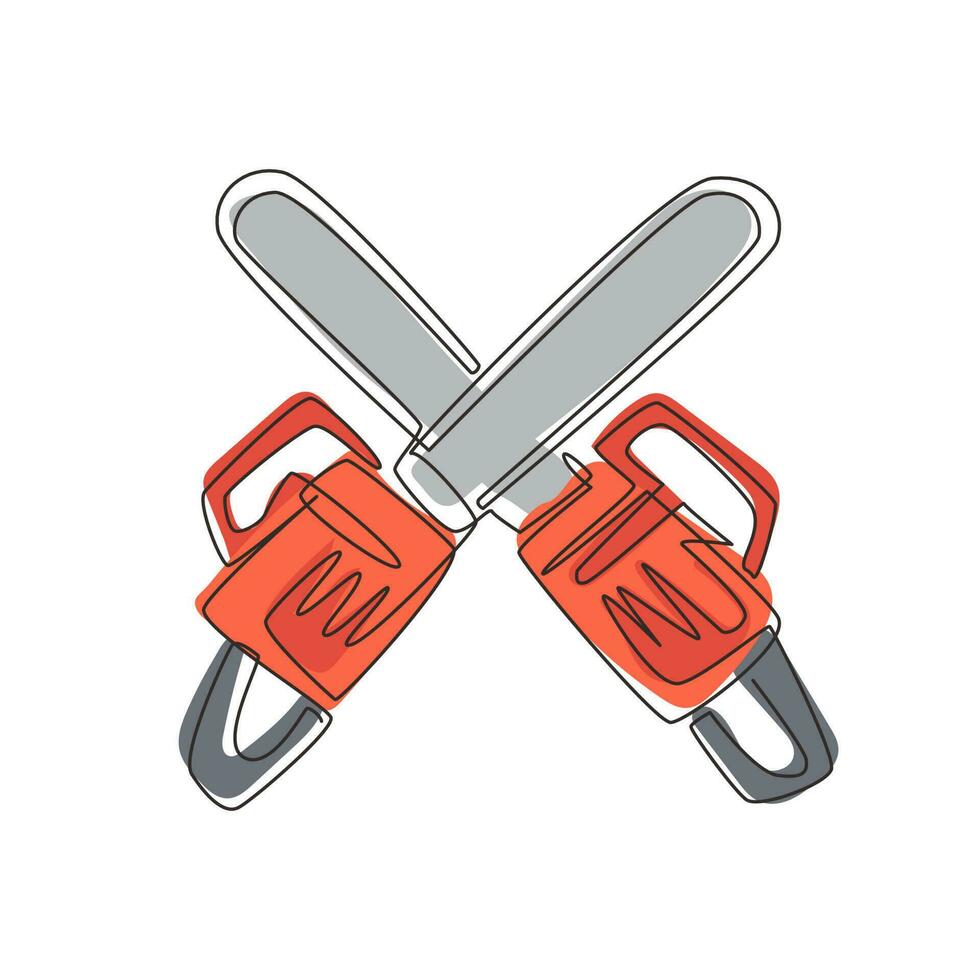 Continuous one line drawing crossed chainsaws isolated on white background. Tool woodcutter symbol. Two crossed chainsaws for lumberjack icon. Single line draw design vector graphic illustration