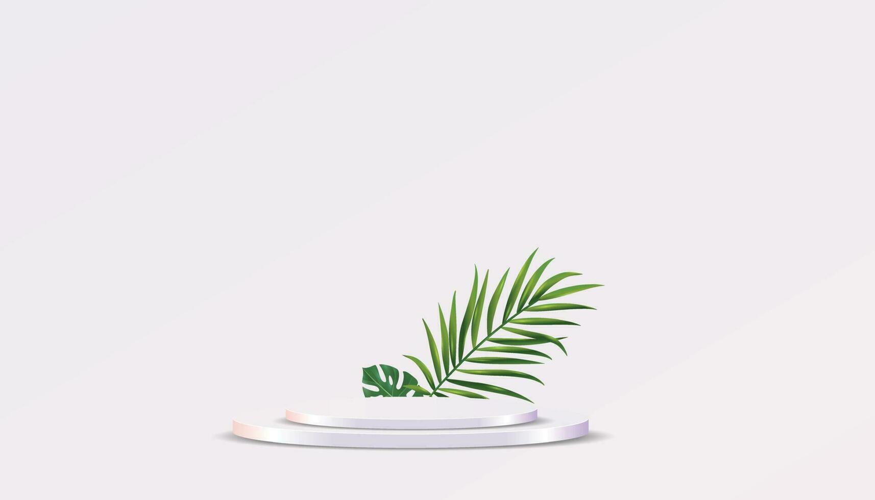 Realistic 3d pedestal over sunny background with palm leaves. Trendy empty podium display for ads cosmetic product presentation, fashion magazine vector