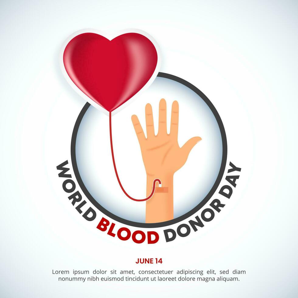 Square world blood donor day background with a heart shaped blood bag and a hand vector
