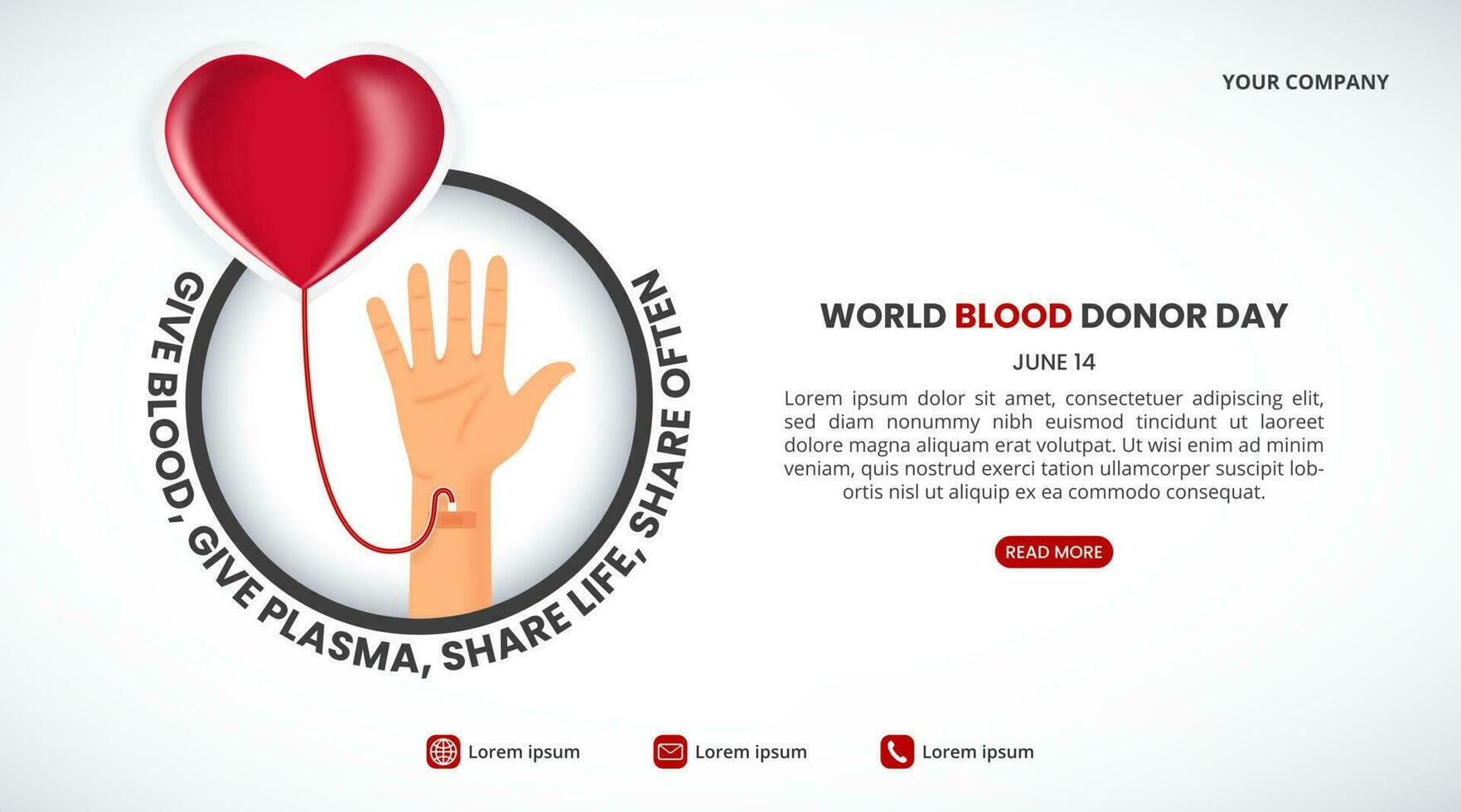 World blood donor day background with a heart-shaped blood bag and a hand vector