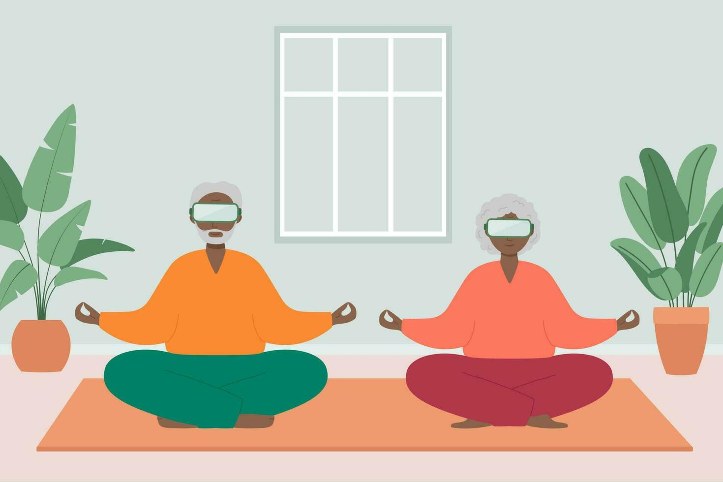 Senior man and woman sit cross-legged and meditate wearing VR glasses. Old man and woman make morning yoga or breathing exercises at home. Vector illustration