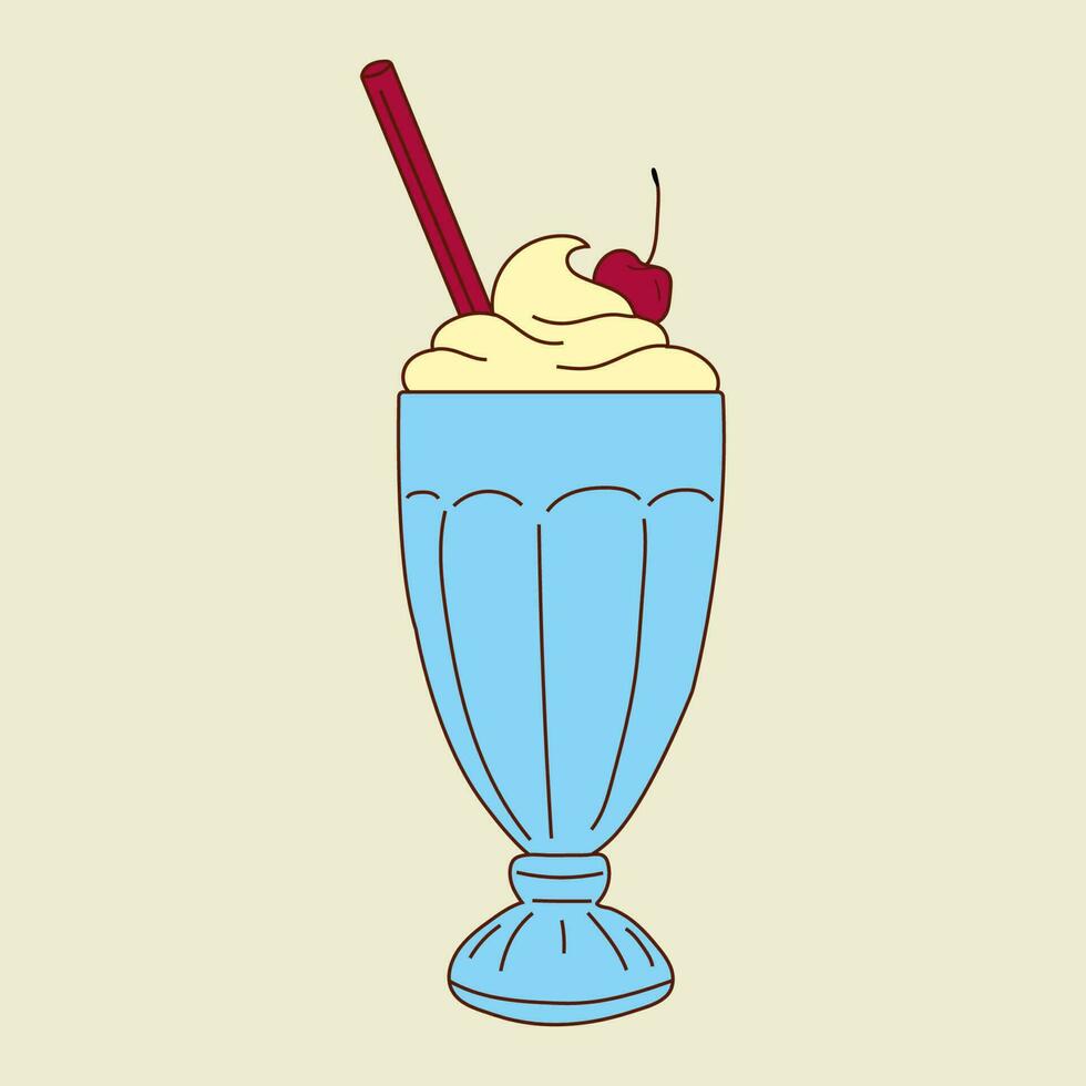 A milkshake with a cherry on top sits on a pink background. Vector illustration isolated