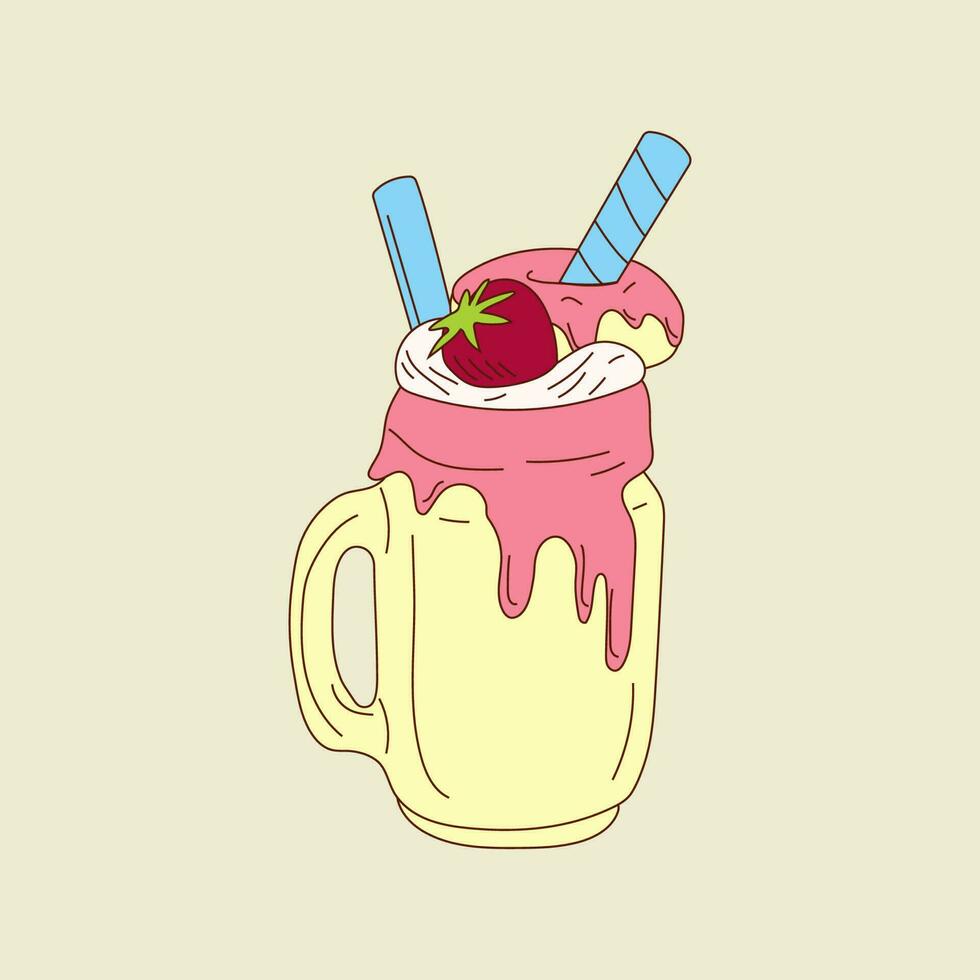 A milkshake with a strawberry and ice cream cone. Vector illustration isolated