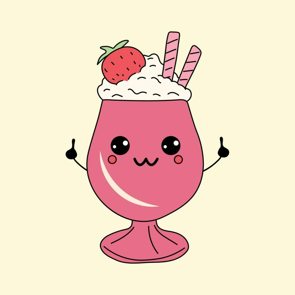 Cute happy funny  milkshake with kawaii eyes with a strawberry and ice cream cone . Vector illustration isolated