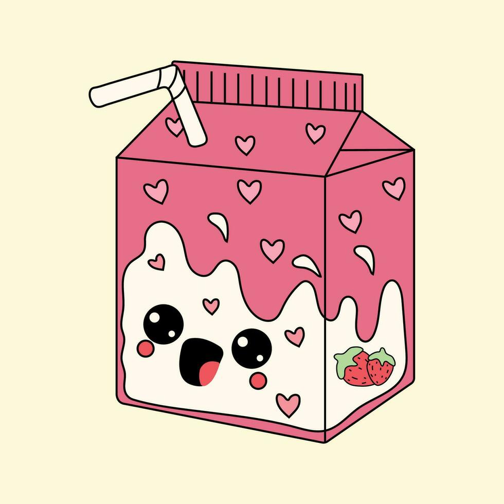 Cute happy funny  pink box of strawberry milk with kawaii eyes . Vector illustration isolated