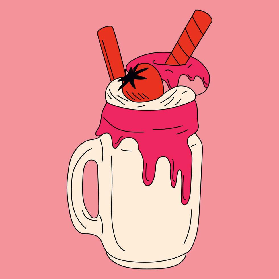 A milkshake with a strawberry and ice cream cone. vector