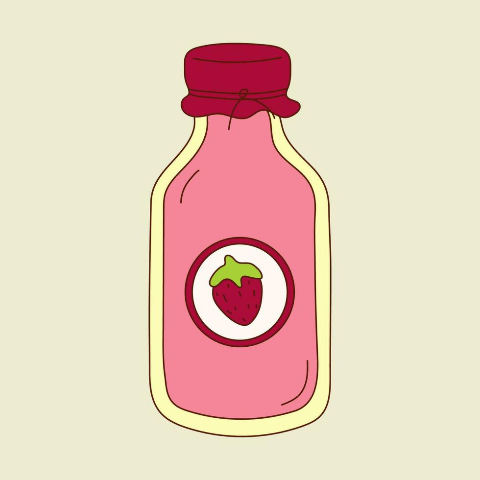 A bottle of strawberry milk with a red cap and a strawberry on the top. vector