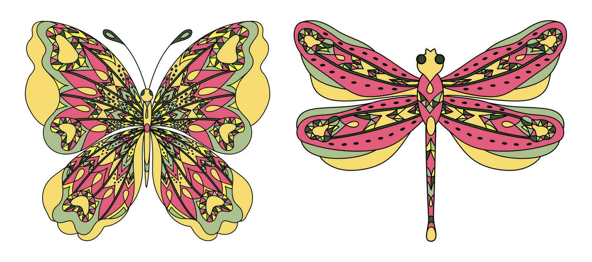 conjunto mariposa y libélula. colorante página para adultos anti estrés en zentangle estilo. vector