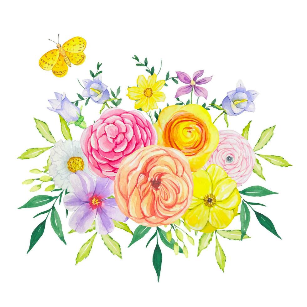 Floral watercolor composition of bright flowers. Summer bright bouquet vector