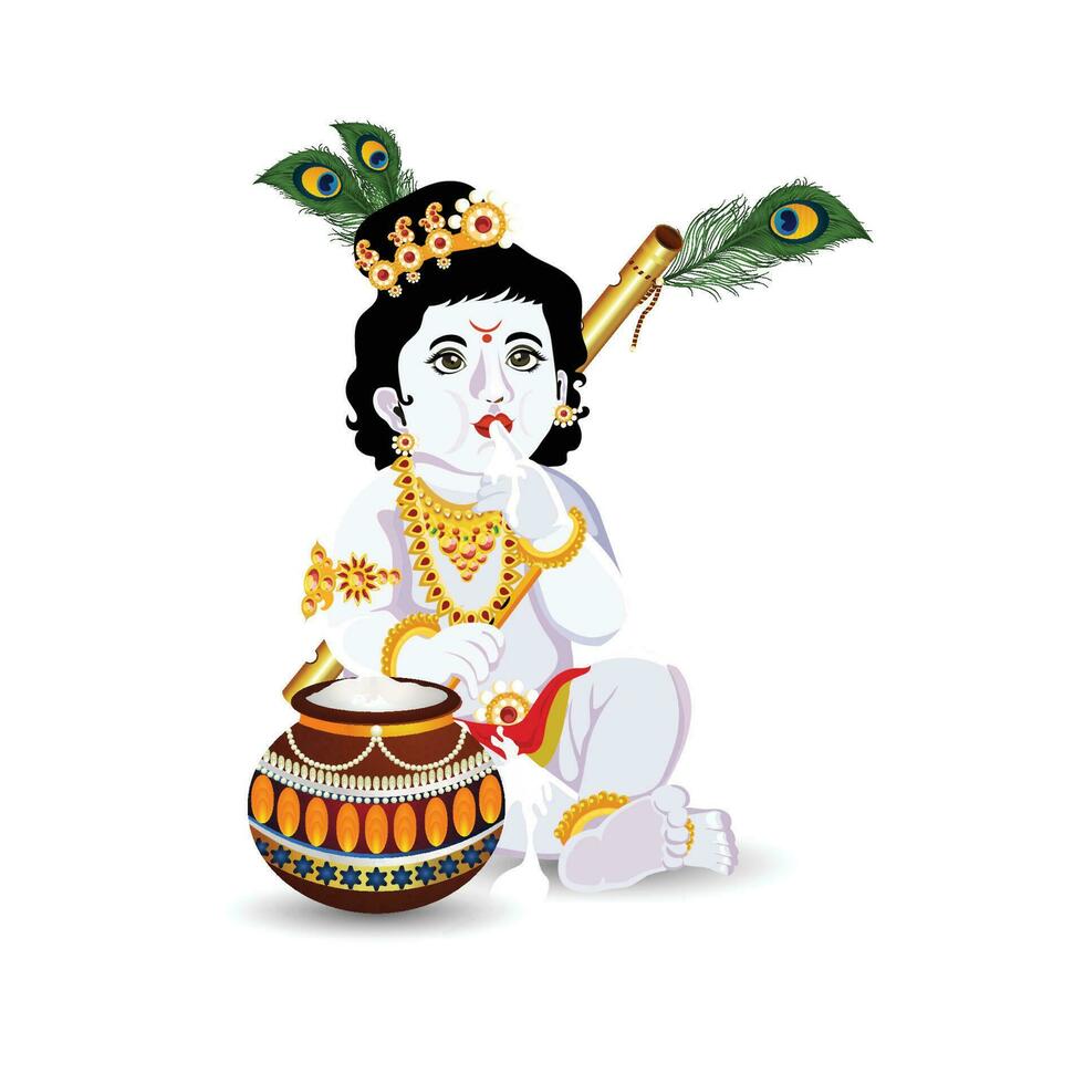 Realistic illustration of lord krishana with makhan mataki vector