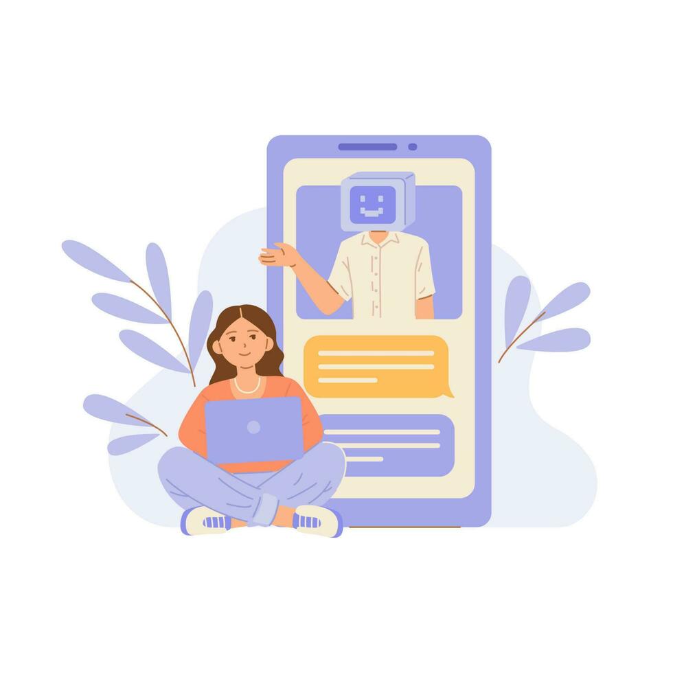 AI chat bot chatting with girl who is sitting on the floor with a laptop. vector