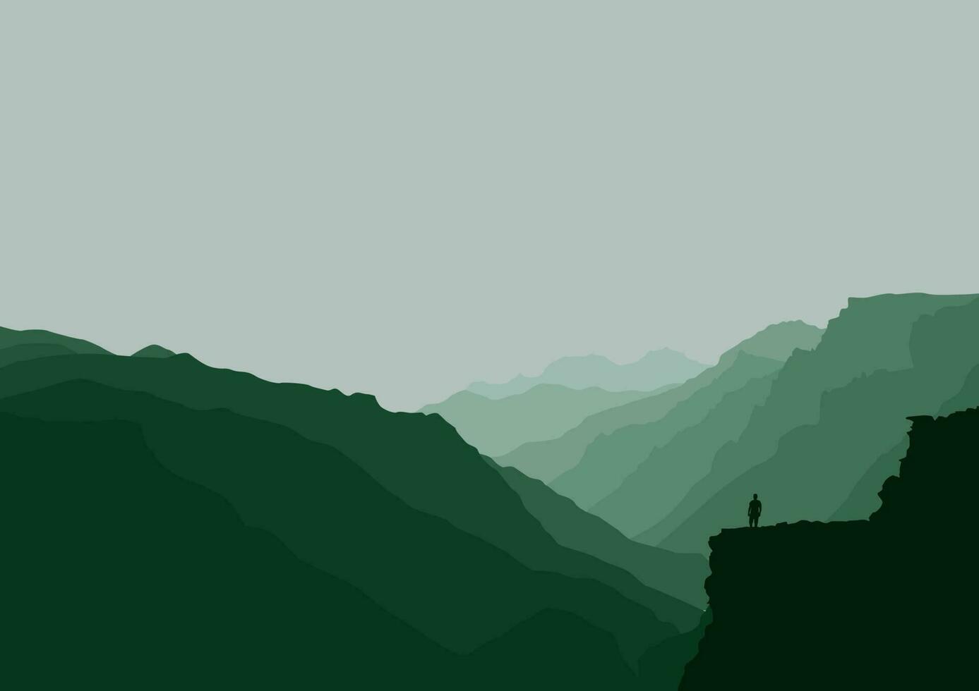 montaña paisaje con un hombre en el borde de un acantilado. vector ilustración en plano estilo.