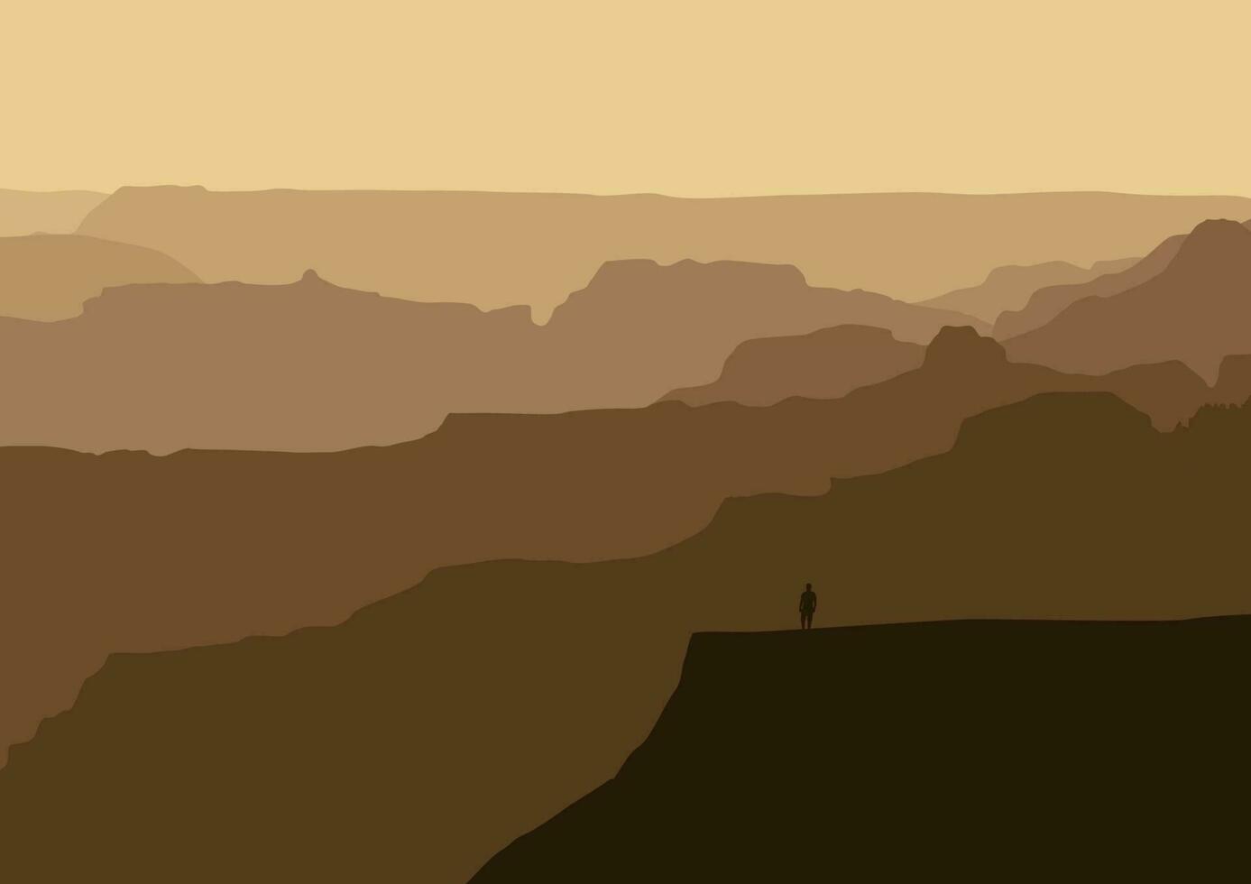 Mountain landscape with man on cliff edge. Vector illustration in flat style.