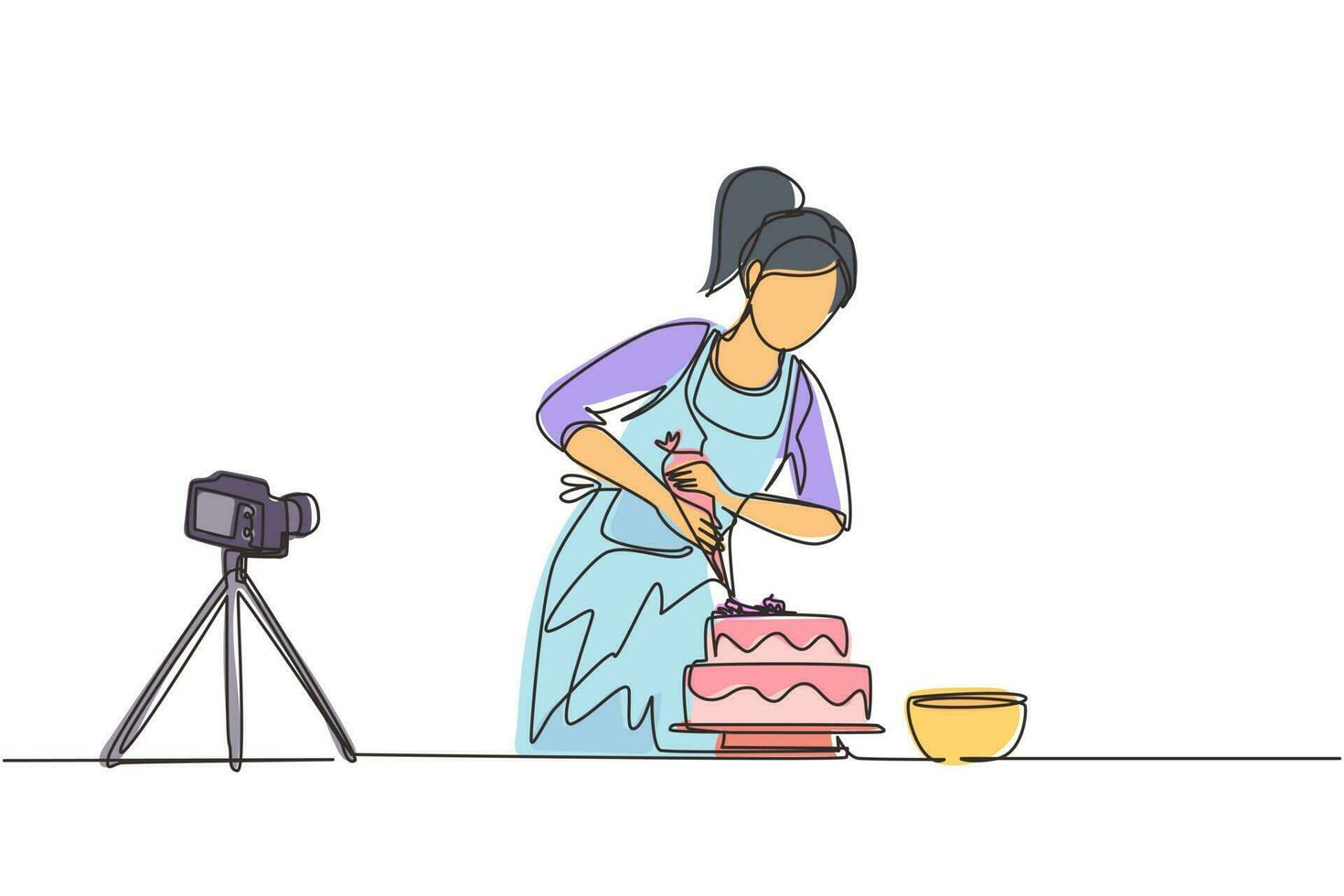 chica de dibujo de una sola línea continua horneando y decorando pasteles en la cocina. mujer bloguera grabando video en cámara, usando trípode, publicándolo en las redes sociales. ilustración de vector de diseño de dibujo de una línea