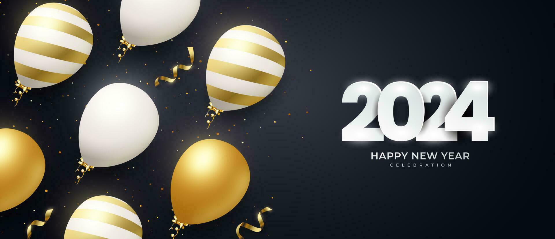 Happy New Year 2024 Festive Realistic Decoration Celebrate 2024 Party On A Dark Background Free Vector 