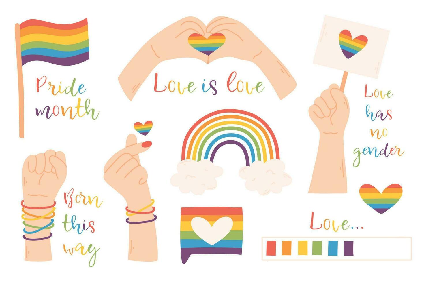 LGBT lettering set. Vector illustration. Flat style. Collection of LGBT elements. Pride month.