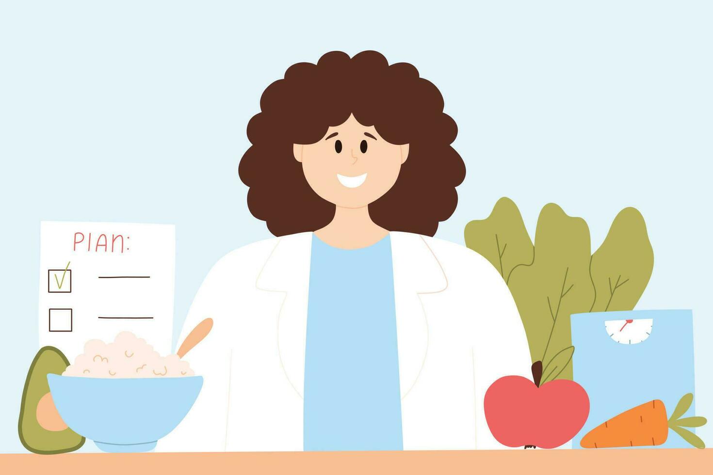 Family Dietitian. Vector illustration. Flat style. Nutritionist doctor concept. Doctor consultation. Healthy food. Diet plan.