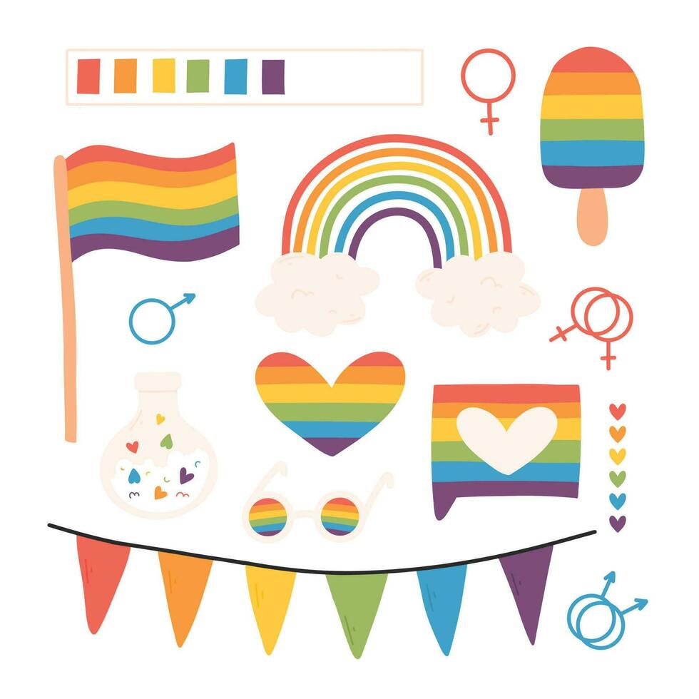 conjunto de lgbt elementos. vector ilustración. plano estilo. mano dibujado colección de lgbt elementos. orgullo mes.