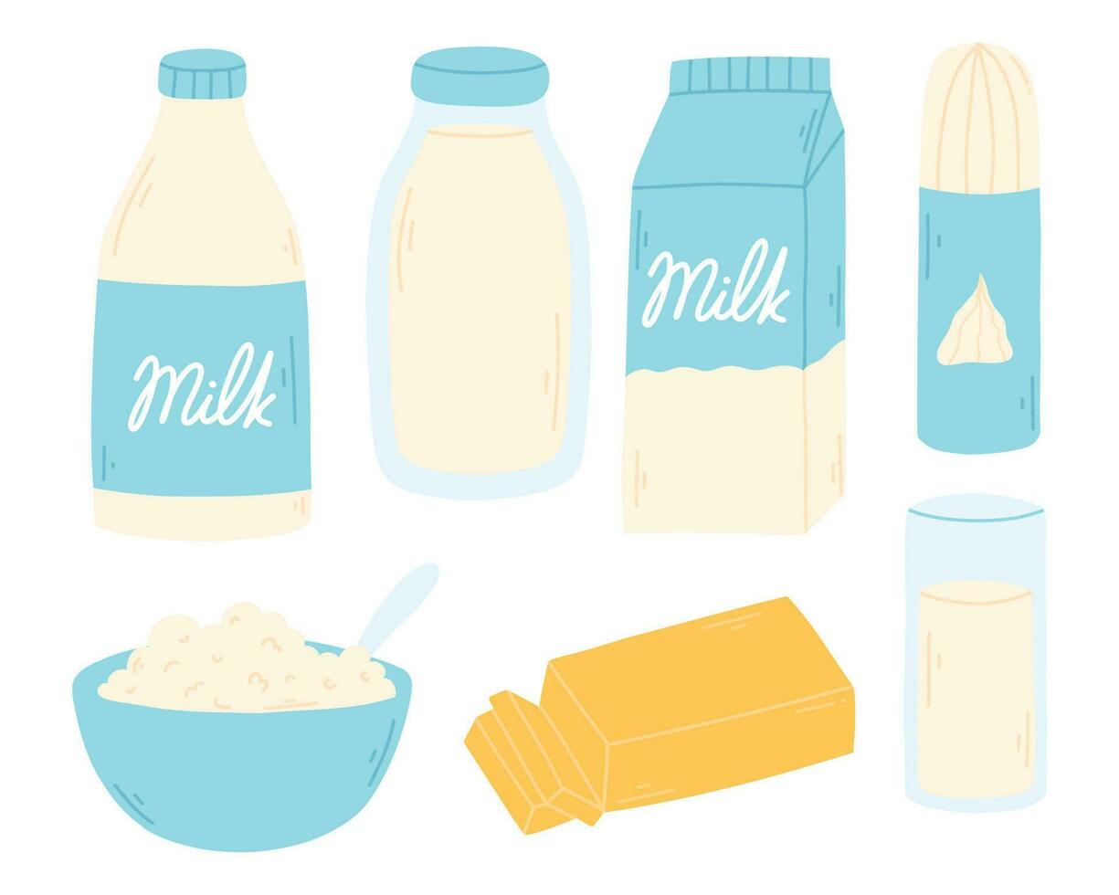 Set of dairy products in a flat style. Vector illustration. Hand drawn collection of milk.