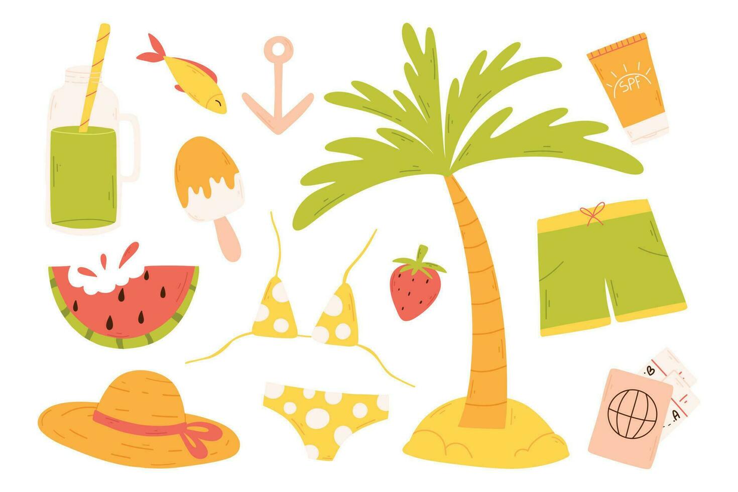 Set of summer elements. Hello summer collection. Vector illustration. Flat style. Hand-drawn, palm. swimsuit, hat, ice cream.