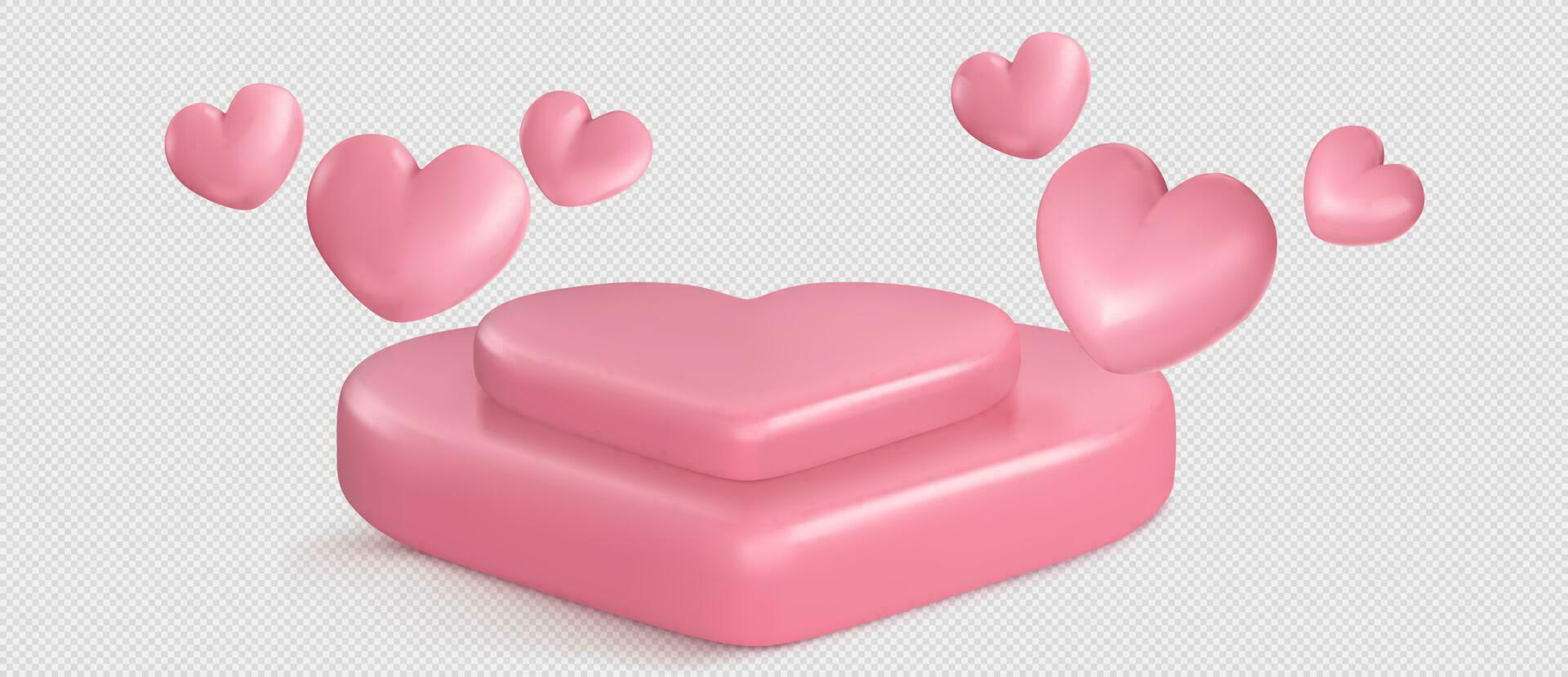 Realistic pink podium with hearts flying around vector